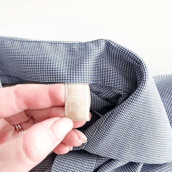 Michael Kors Mens Non Iron Shirt Button Long Sleeve Houndstooth Blue 16 Neck - Picture 5 of 8